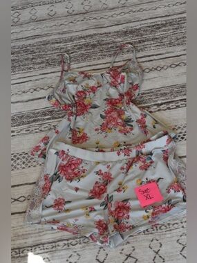 Floral Lace-Trim Satin Pajama Set - Pink Floral on Light Blue, XL